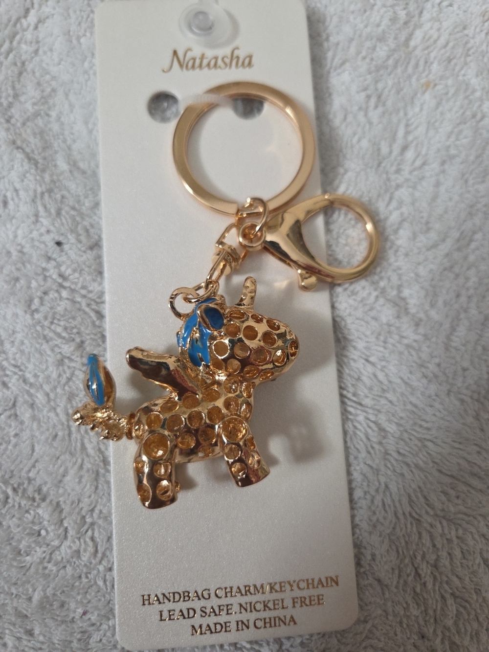 Natasha Couture Gold Unicorn Keyring with Blue Accents